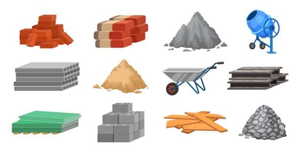Construction material piles and equipment, cement, sand and bricks. Building blocks, wood planks, wheelbarrow and concrete mixer, vector set. Illustration of brick and heap for renovation